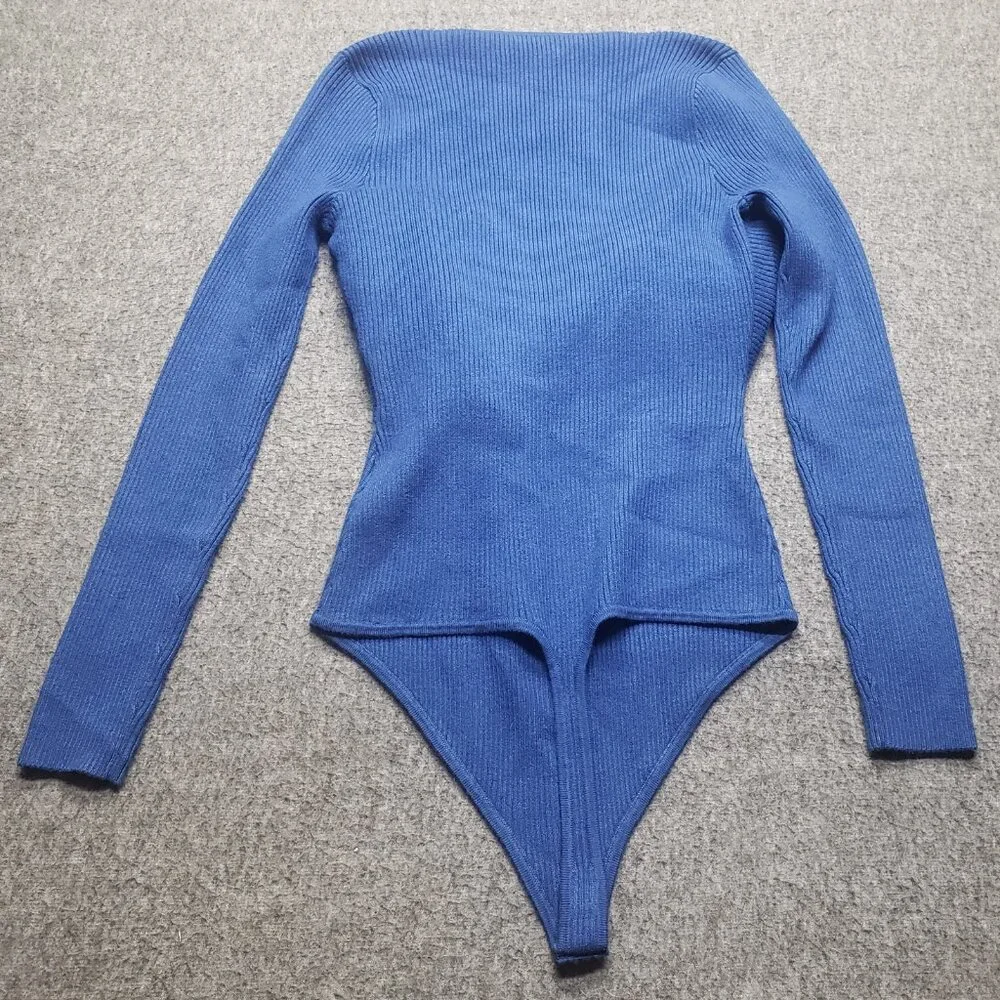 Abercrombie & Fitch Bodysuit Womens XL Blue Ribbed Knit Long Sleeve Wrap Deep V - Picture 2 of 9
